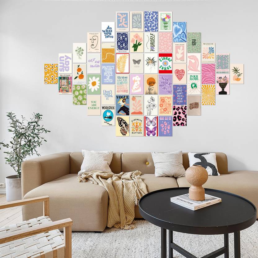 Modern Aesthetic Poster Collage, 54 pcs size 4 x 6 cm – Typography & Botanical Wall Décor Kit for Bedroom & Studio Interiors Paper Print