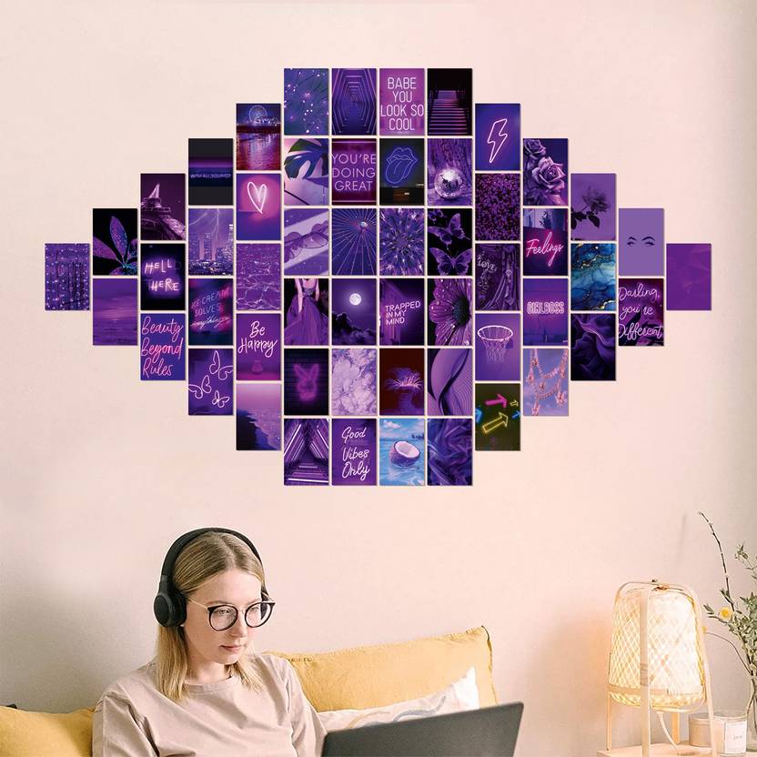Purple Neon Mood Poster Pack of 54 - 4 x 6 cm Aesthetic Room Art for Gifting, DIY Collage, Journaling and Bedroom Wall Decoration Paper Print