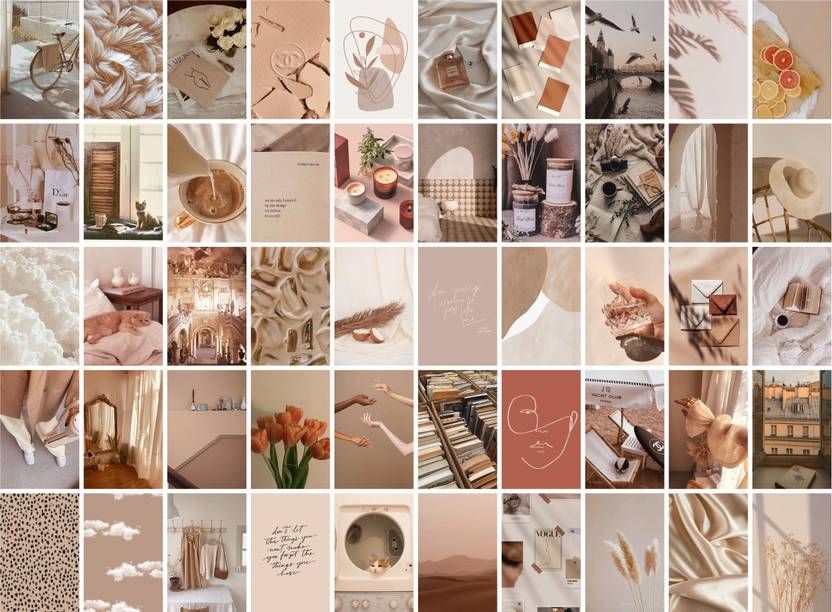 Beige Cozy Lifestyle Collage Poster Set, Pack of 50, 4x6 Inch - Home Bedroom and Study Aesthetic Decor Paper Print