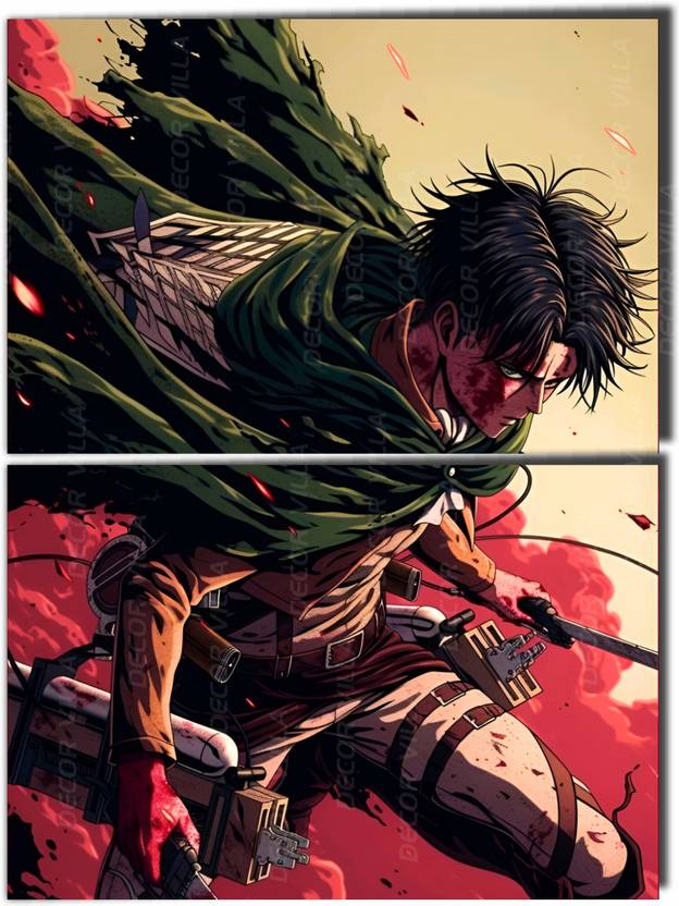 Levi Ackerman Attack on Titan Split Wall Poster – Set of 2 (12x18 Inches Each) – Premium 300 GSM Matte Finish Anime Art with Double-Sided Tape Photographic Paper