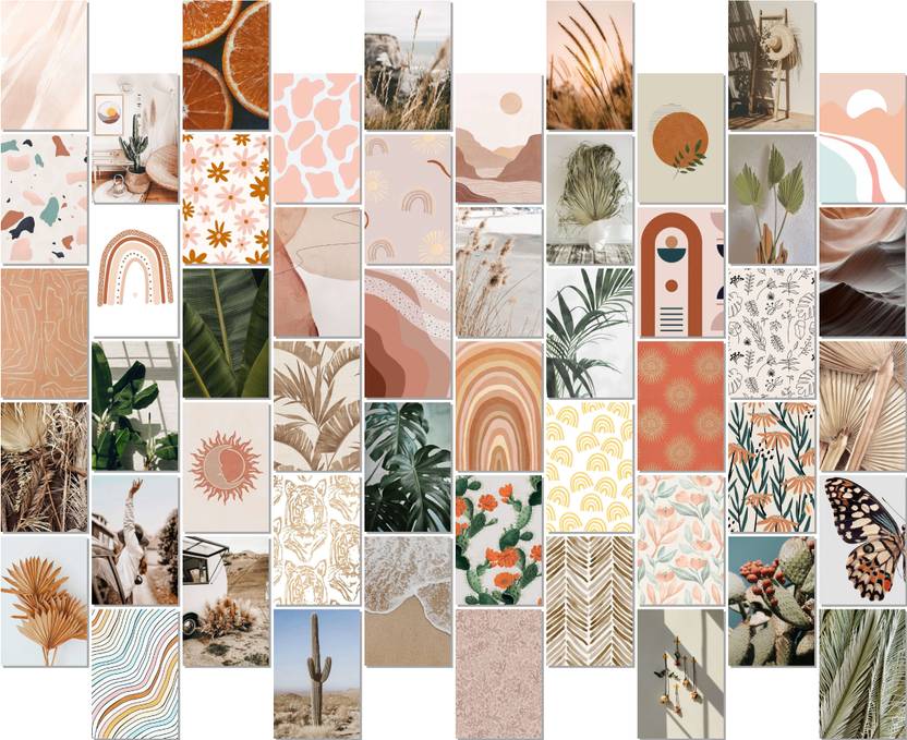 Boho Earth Tone Poster Collage Kit, 50 Pcs, 4x6 Inch - Bedroom and Home Wall Decoration Paper Print