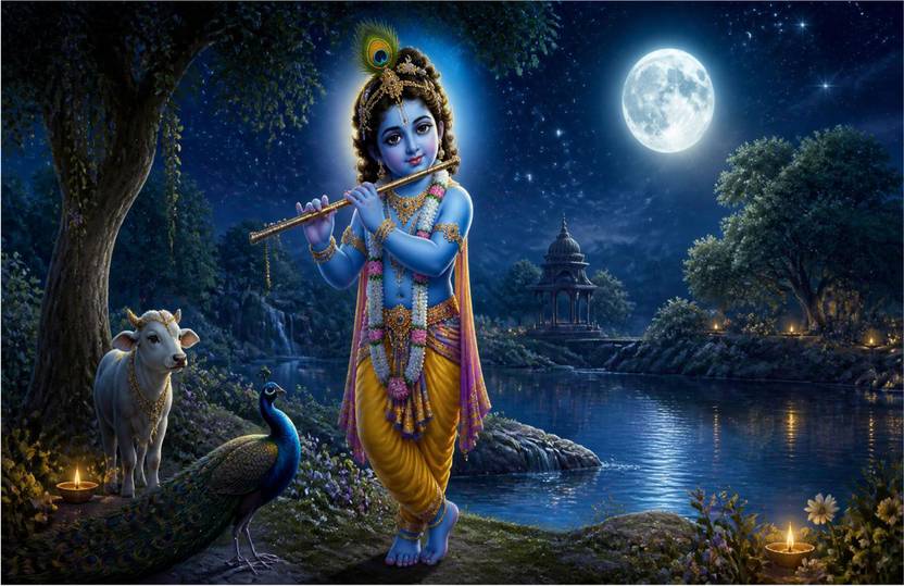 Shri Krishna Ji Playing Flute Under Moonlight | Kanha Ji with Cow & Peacock Gloss Laminated Wall Poster with Double Sided Tape Paper Print
