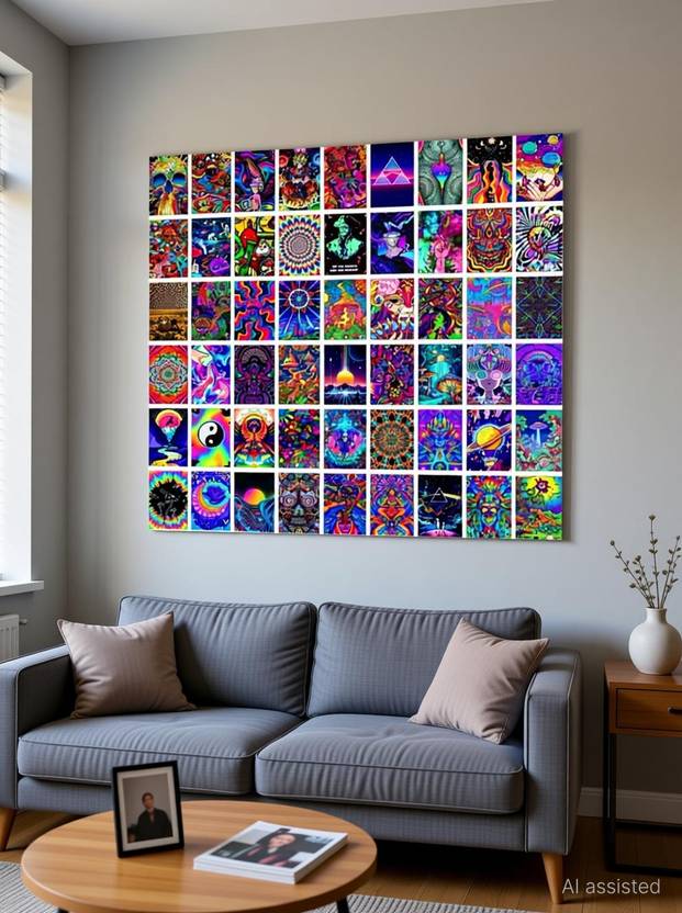 54 Pcs Trippy Psychedelic Posters For Room Wall Decor - 4 x 6 Inches Rectangle Self Adhesive Posters - Collage Kit For Girls, Boys, Teens - Wall Art For Bedroom, Living Room, Office Fine Art Print
