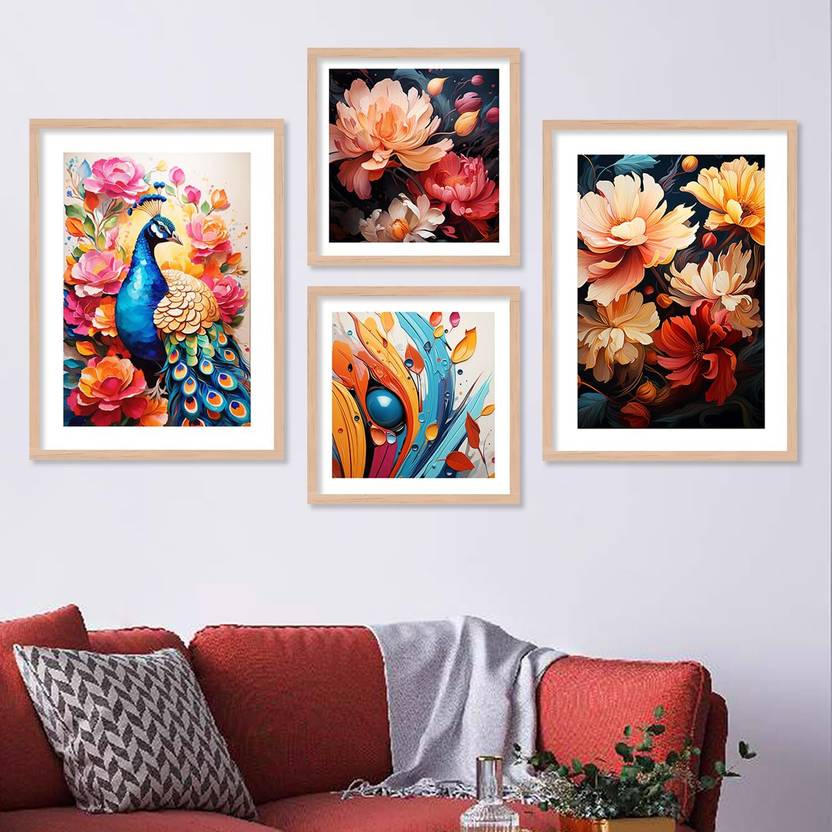 Colorful Abstract Wall Art Painting for Home & Room Decoration - Framed Theme Framed Poster for Dining Room, Living Room, Bedroom Decor -Wall Poster For Decoration -(Set of 4) Paper Print