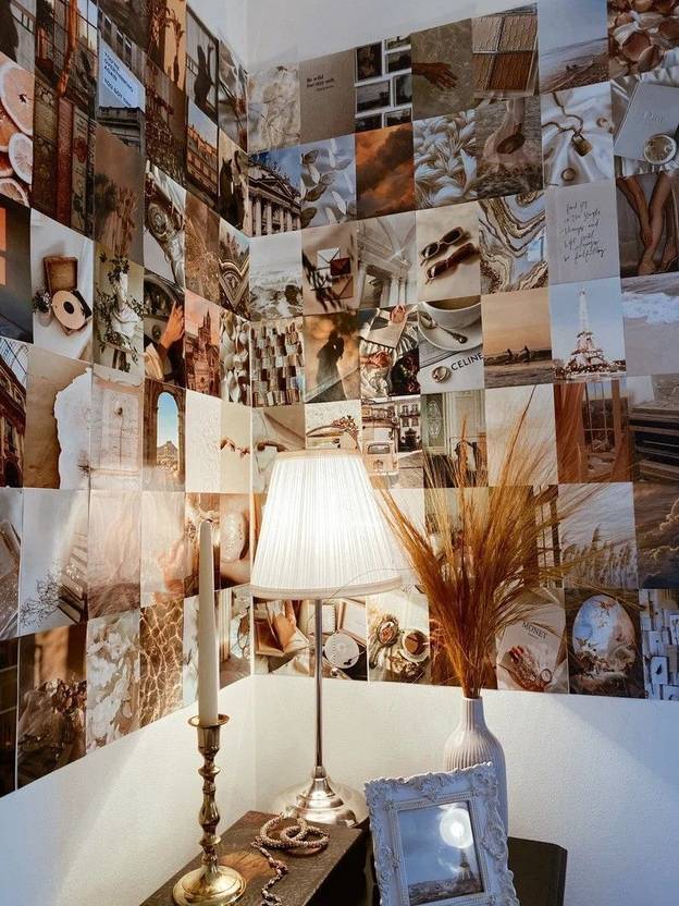 Neutral Classical Aesthetic Wall Collage Kit||SET OF 60 BOHO Posters, Self Adhesive, Size 4×6 inches,Glossy Finish|| aesthetic Room Decor for bedroom,Brown Collage Kit. Photographic Paper
