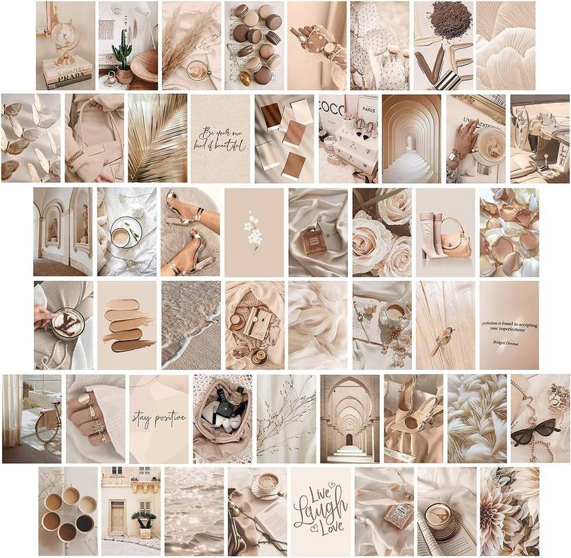 Beige Wall Collage Kit Aesthetic Pictures, Room Decor Aesthetic, Room Decor for Teen Girls, Photo Collage Kit for Wall Aesthetic, Room Decor for Bedroom Aesthetic, Trendy Teen, 50PCS 4X6 INCH (Beige) Paper Print