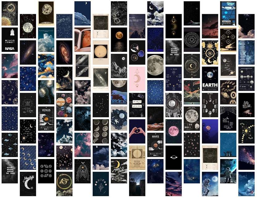 MoonLight Space Collage Kit – 100 Pcs Cute Dorm Photo Wall Decor, Bedroom Décor for Teens, Posters for Room Aesthetic – Adhesive on Back Side, Size 4x6 Inches, (Space Theme) Fine Art Print