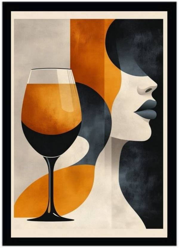 Abstract Modern Face & Wine Glass Wall Art Poster with A4 Black Frame | Minimalist Canvas Style Wall Decor for Living Room, Bedroom, Dining Room & Office Photographic Paper