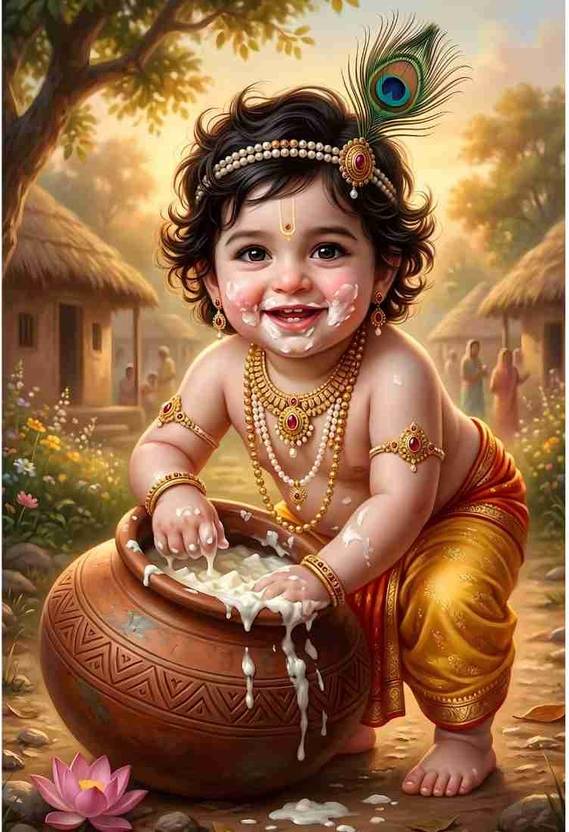 Adorable Makhan Chor Baby Krishna Wall Poster | 12 x 18 Inch (No Frame) Premium 300 GSM Paper | Krishna Eating Butter Poster for Pregnancy | Cute Ladoo Gopal Krishna Janmashtami Nursery Theme Paper Print