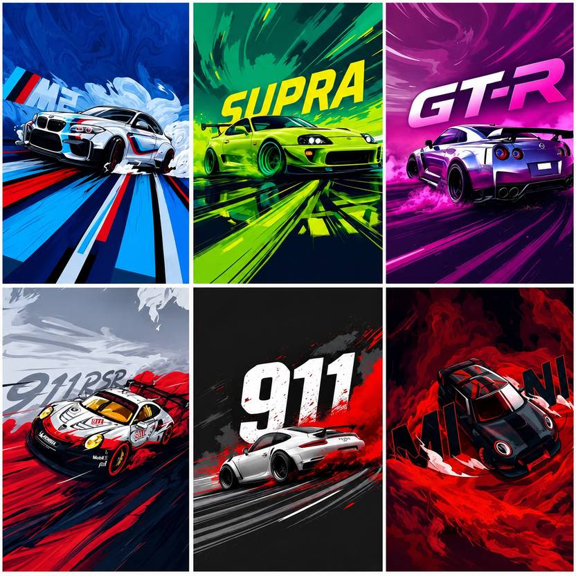Sports Car Poster Set of 6 | BMW M Supra GTR Porsche 911 | A4 300 GSM Premium Wall Posters Paper Print
