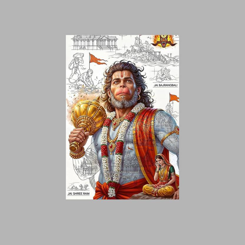 Premium Hanuman Ji A4 Size Self-Adhesive Wall Poster Sticker with HD Print. Easy to apply on walls, doors, wardrobes, and smooth surfaces. Perfect for home, temple, office, and spiritual room decoration. Paper Print