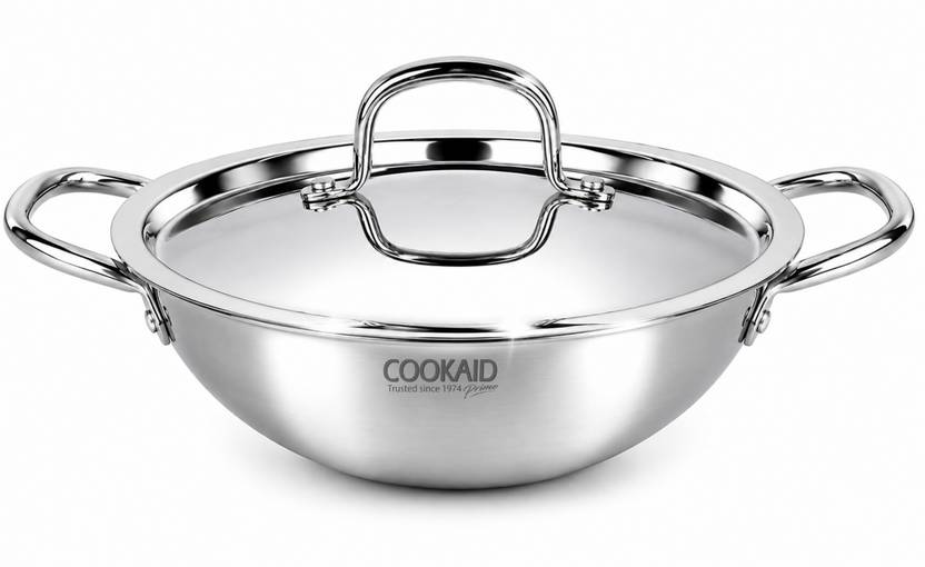 CookAid Triply Stainless Steel Kadhai With Lid| Gas & Induction Compatible Kadhai 24 cm diameter with Lid 3 L capacity