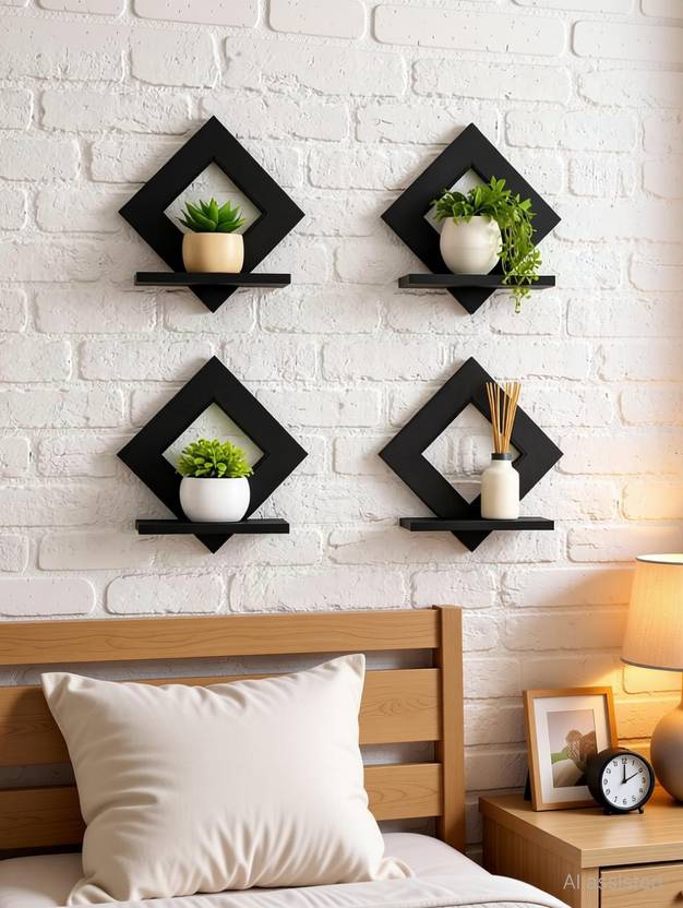 dscrafting Trending Wooden Art Square Wall Decoration for Home(Set of 4) Wooden Wall Shelf