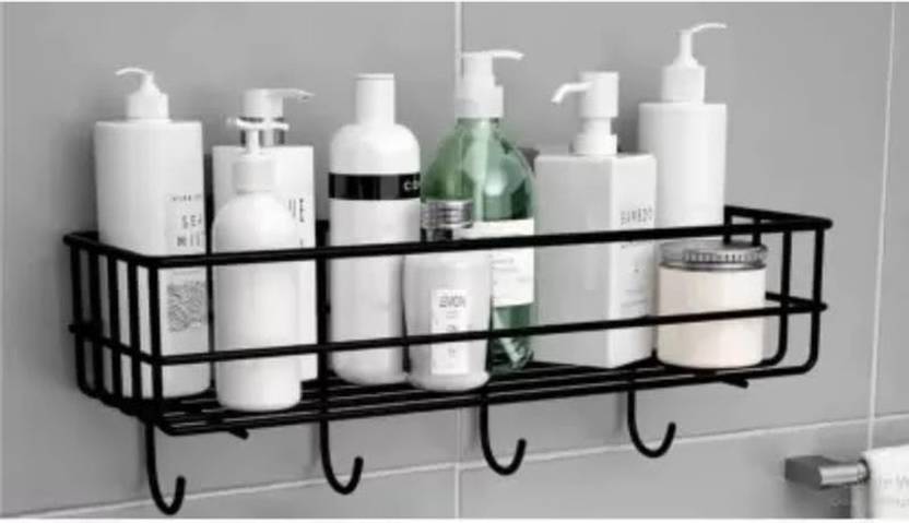 BIRDWING Self Adhesive Bathroom Wall Shelf with Towel Hook Black Pack of 1 Iron Wall Shelf