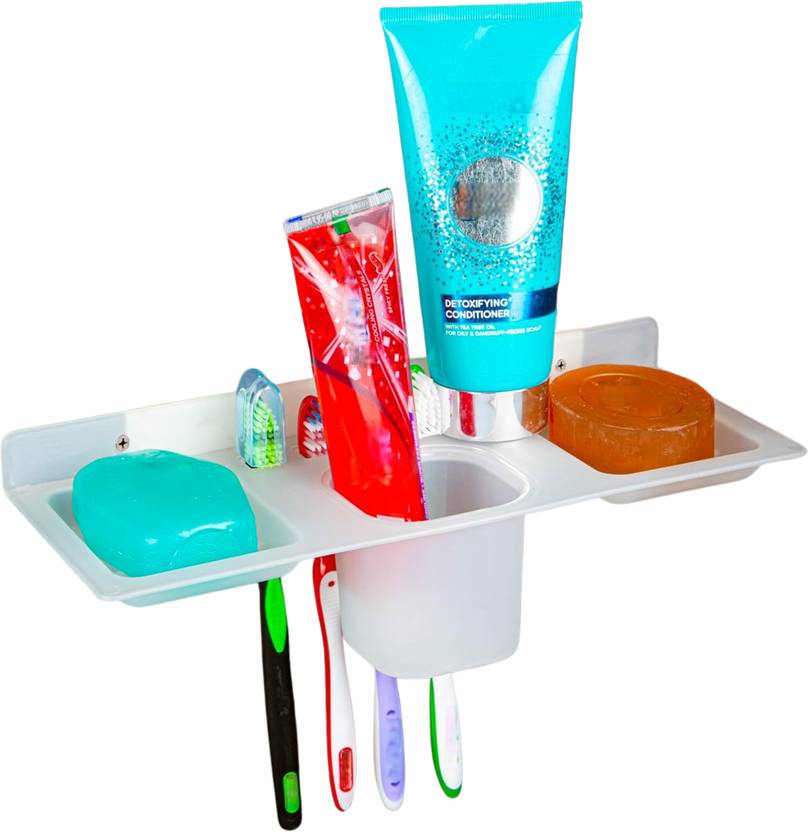 Aimko Bathroom Organizer | 2 Soaps Dish with Tumbler & Brush Holder | Bend Resistant Polypropylene Wall Shelf