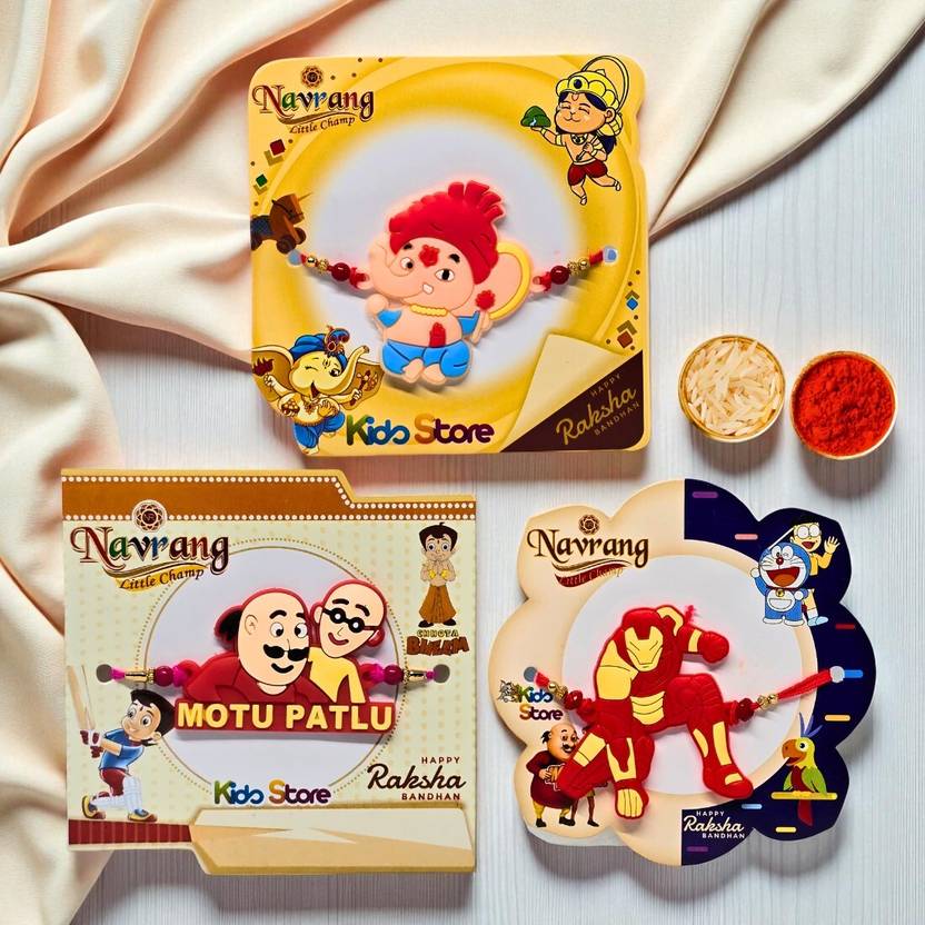 Festive Rakhi Set for Kids | Ganesha, Motu Patlu & Ironman Characters Assorted Chawal Roli Pack Set by AjaraGems
