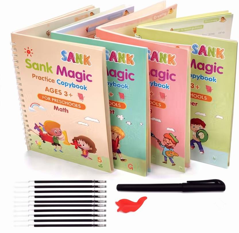 Magic Practice Writing Copybook Set For Preschoolers, Number Tracing & Calligraphy Learning (4 Books)