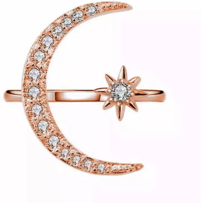 MYKI Statement Moon & Star Rose Gold Plated Adjustable Ring For Women & Girls Stainless Steel Cubic Zirconia Gold Plated Ring