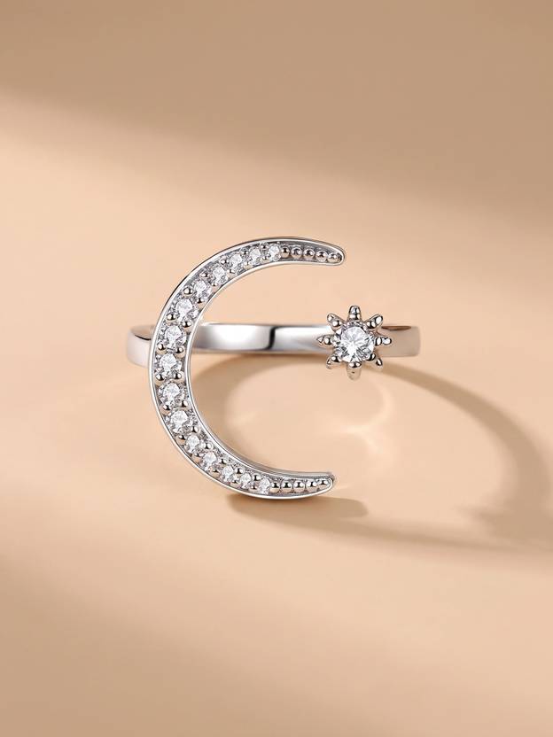 MYKI Statement Moon & StarAdjustable Ring For Women & Girls Stainless Steel Crystal Sterling Silver Plated Ring