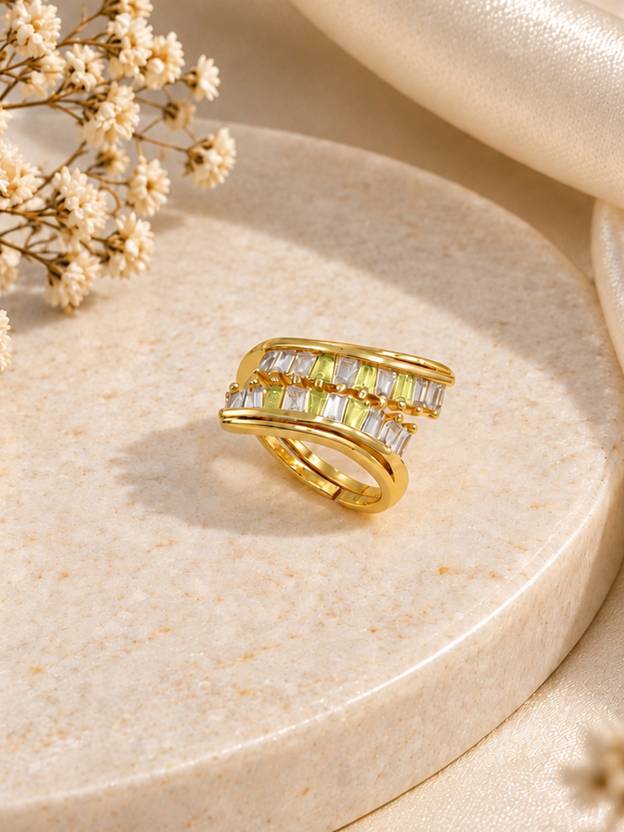 ARTKLIM Elegant Double Row Baguette Crystal Gold-Tone Anti-Tarnish Ring Alloy Cubic Zirconia Gold Plated Ring