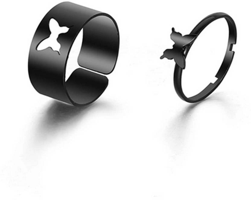 Ajish fashion BLACK BUTTERFLY RING Stainless Steel Black Silver Plated Nail Ring Set