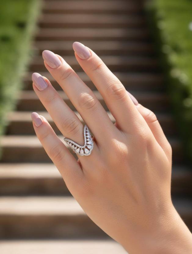 ZEELLO Silver American Diamond V Shape Vanki Ring Brass, Copper Cubic Zirconia Silver Plated Ring