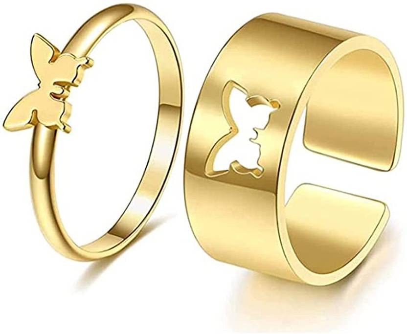 Aarohi Gold Plated Brass Fluttering Butterfly Adjustable Couple Ring Combo Brass Ring Set
