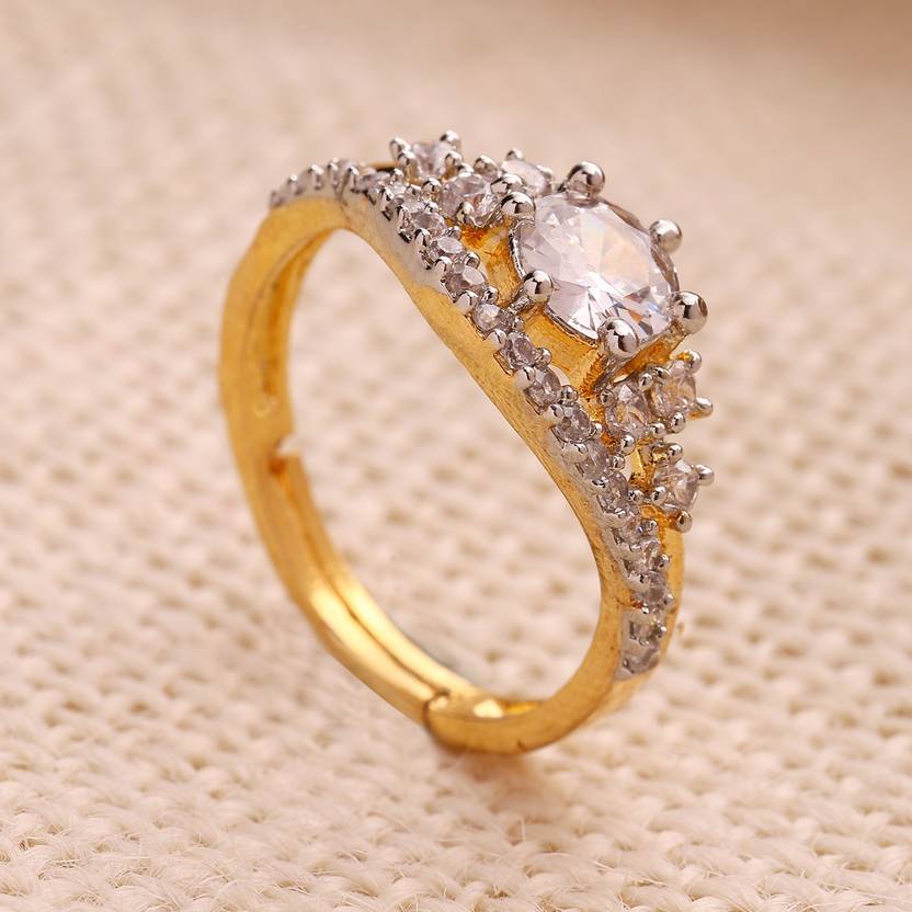 ZENEME Gold Toned White American Diamond Round Shape Ring For Women & Girls Brass Crystal Gold Plated Ring