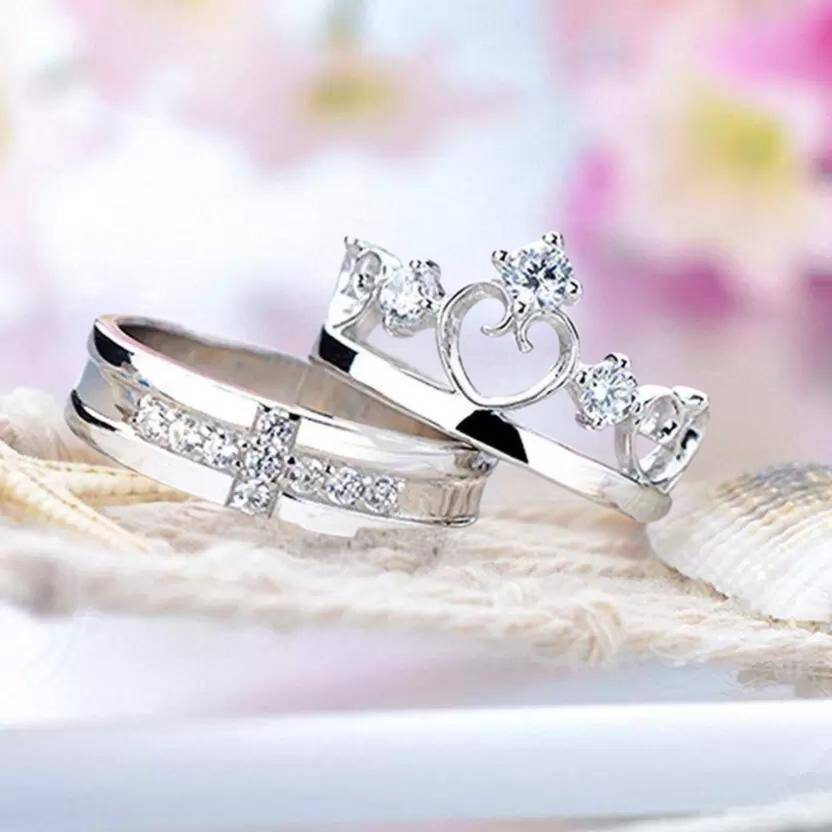 CRYSTALANE Couple crown combo finger rings for Couples girlfriend boyfriend Silver Diamond 900 Silver Plated Ring
