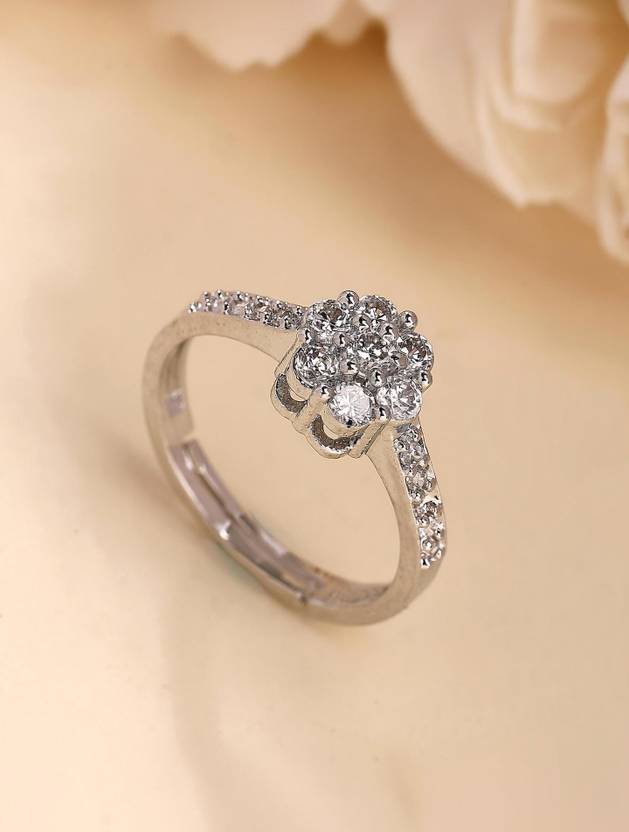 ZENEME Silver Toned White American Diamond Round Shape Ring For Women & Girls Alloy Cubic Zirconia Rhodium Plated Ring