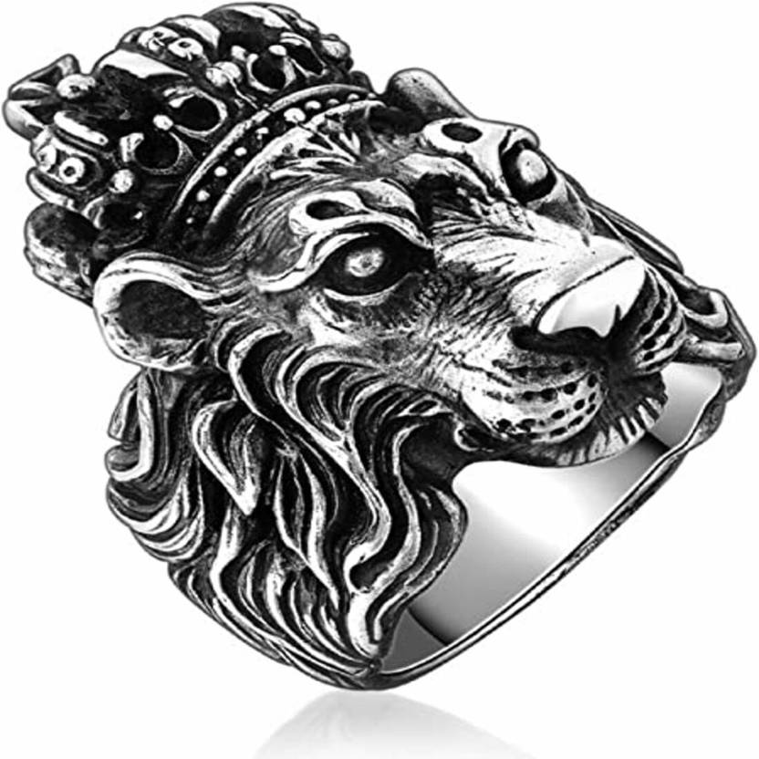 MEENAZ rings for men lion head boy boyfriend gents band thumb crownsilver ring oxidised Stainless Steel Titanium, Platinum, Rhodium, Silver, Black Silver Plated Ring