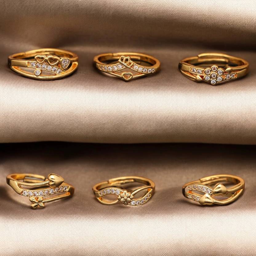 Dressberry Pack of 6 Stylish Finger Rings Brass Diamond Gold Plated Ring