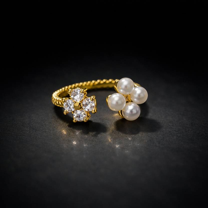 Adiva Fine jewelry Pearl Flower Adjustable Ring Alloy Pearl, Cubic Zirconia Gold Plated Ring
