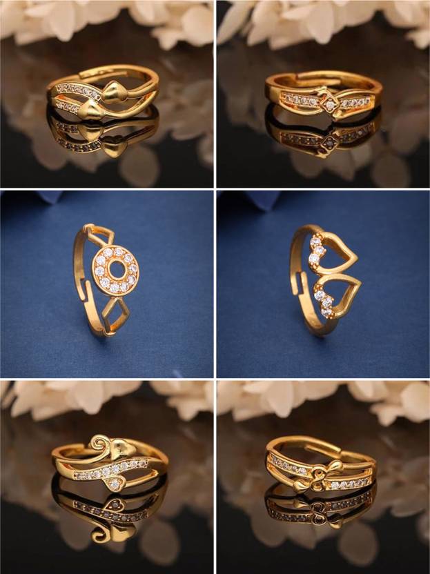 Sangria Pack of 6 Adjustable AD Rings Brass Diamond Gold Plated Ring Set