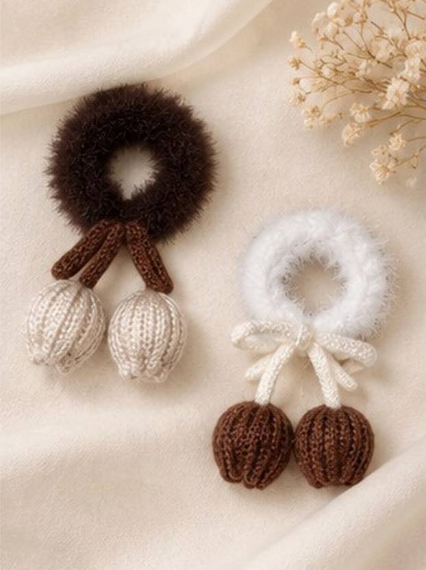 BMNM Knitted Tulip Flower Fur Hair Ties Juda Bun Rubber Band (Pack of 2, Multi) Rubber Bands Rubber Band