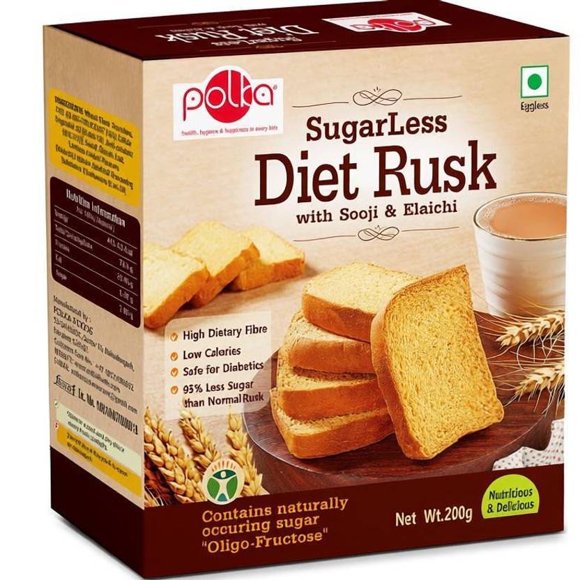 Polka Sugar Less Diet Rusk ,Pack Of 2 ,,Suji,Elaichi Sooji, Elaichi flavored Sooji Rusk