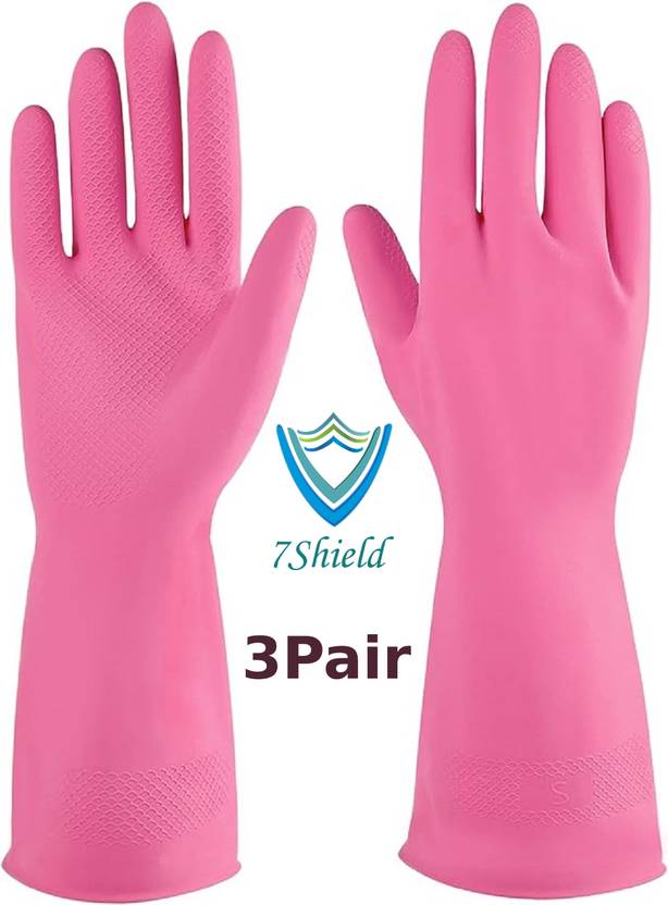 7SHIELD 3 Pair Pink Rubber Safety Hand Gloves For Chemical, Electrical