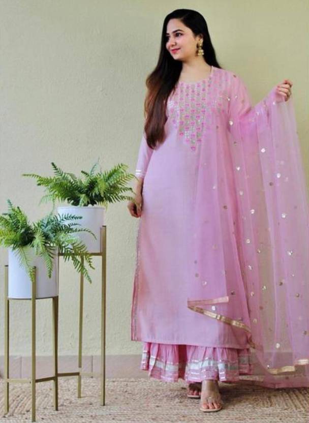 Beige Net Kurta With Pink Palazzo And Dupatta- clearance main image 0