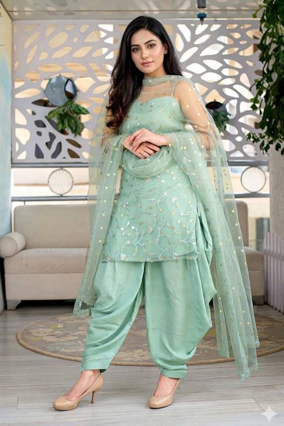 AWLFAB Embroidered Kurta, Dhoti Pant & Dupatta Set
