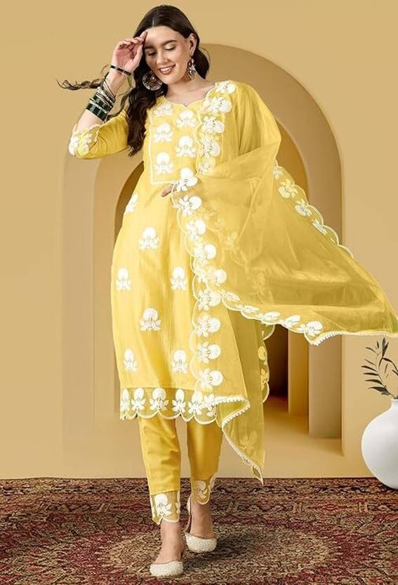 ARVILAS Women Embroidered Straight Kurta Pant With Dupatta 3 Piece Ethnic Set Embroidered Kurta, Trouser/Pant & Dupatta Set