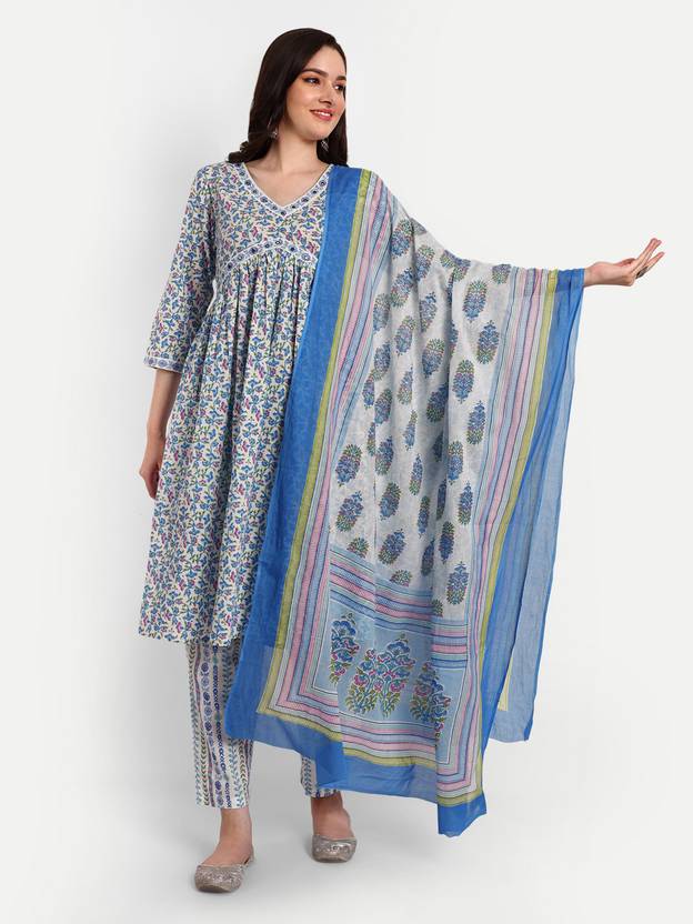 NUNCHII Alia-Cut-3Pc Floral Print Kurta, Trouser/Pant & Dupatta Set