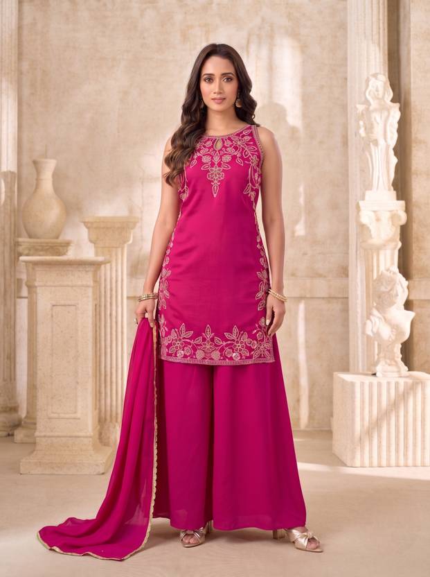 FABZOO 1082-PINK-S Embroidered Kurta, Palazzo & Dupatta Set