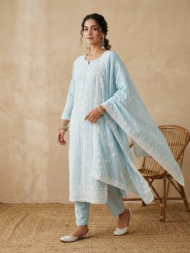 KOSKII Ethnic Embroidered Kurta, Trouser/Pant & Dupatta Set