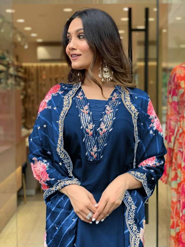 VIVISHA Women's Embroidered Straight Kurta with Dupatta Set (Navy Blue) Embroidered Kurta, Trouser/Pant & Dupatta Set
