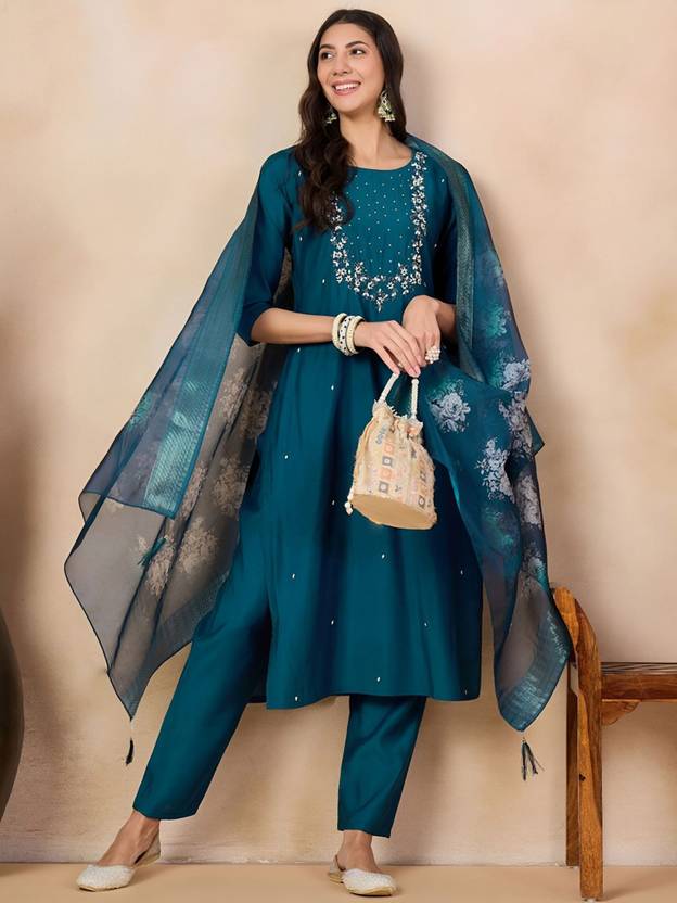 BVM Embroidered Kurta, Trouser/Pant & Dupatta Set