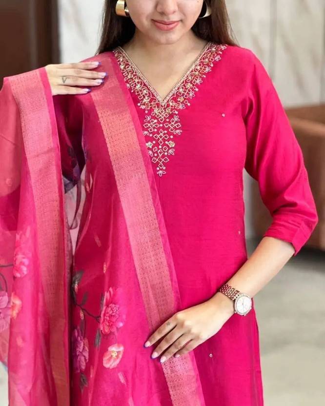 LULUCREATION LULU CREATION Rayon Slub Self Design Embroidered Kurta, Trouser/Pant & Dupatta Set