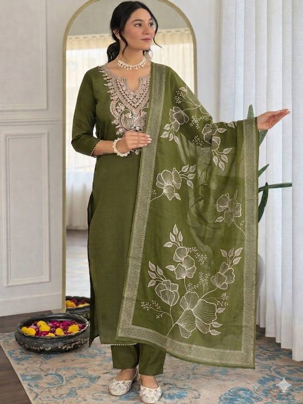 MAHESHWARA FAB Embroidered Kurta, Trouser/Pant & Dupatta Set