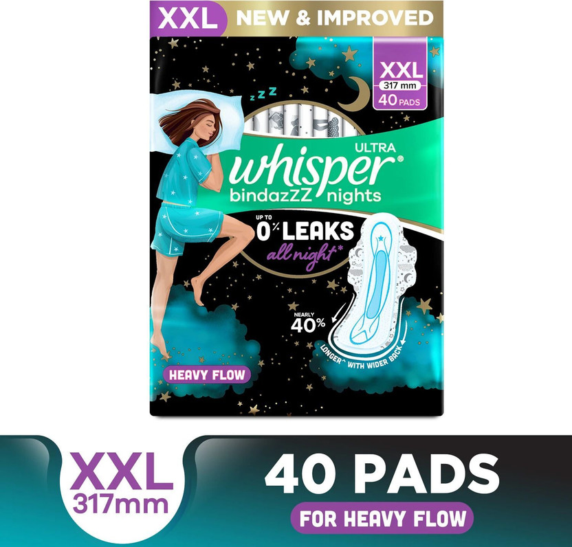 Whisper Bindazzz Nights XL+, Upto 0% Leaks All Night Long