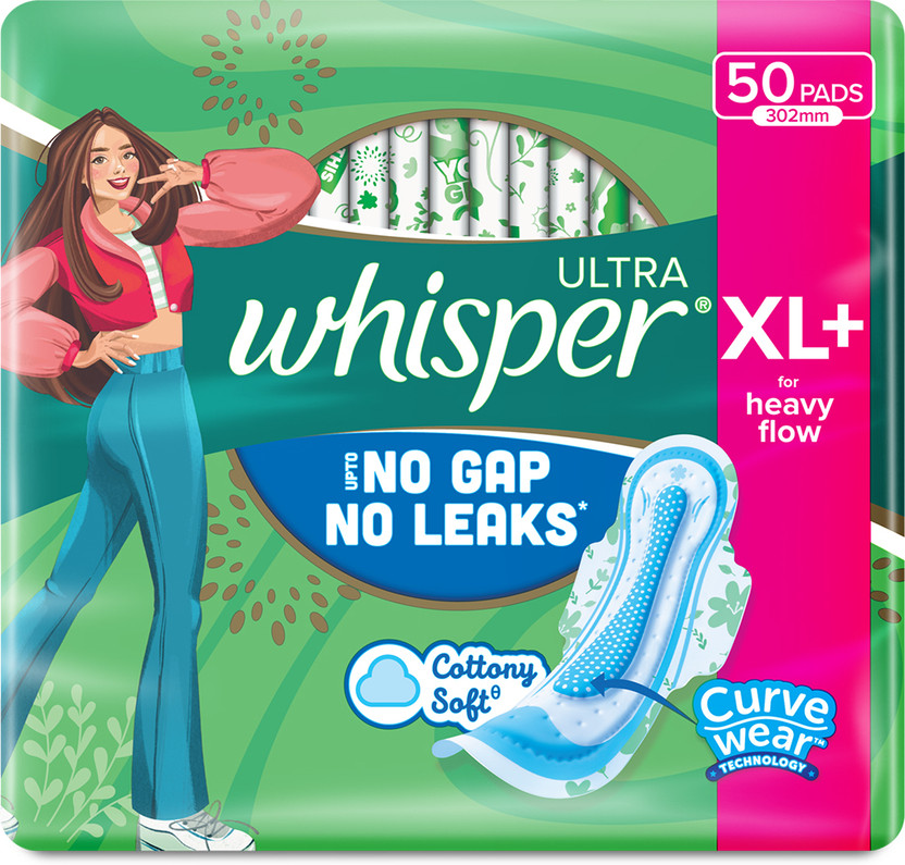 Whisper Ultra Upto No Gap No Leaks* Sanitary Pads, 50 XL+ Pads