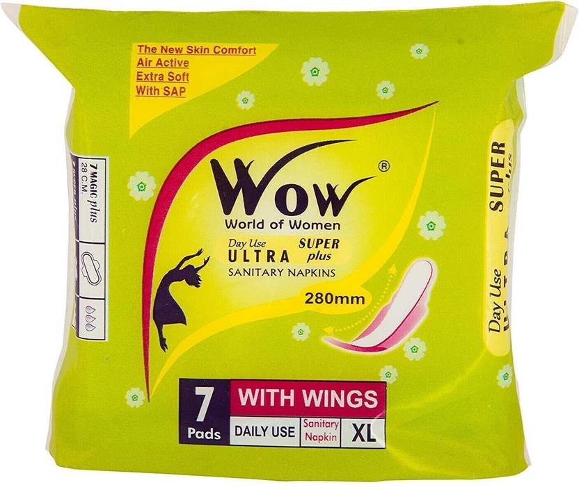 WOW Ultra Plus Sanitary Thin Dry Coverage Organic and rash Free Disposable Extra Soft and Comfort Day Night XL Sanitary Pads/Napkins and Soft Top Layer for Women Enriched, Pack of 1 (7 Pads) Sanitary Pad